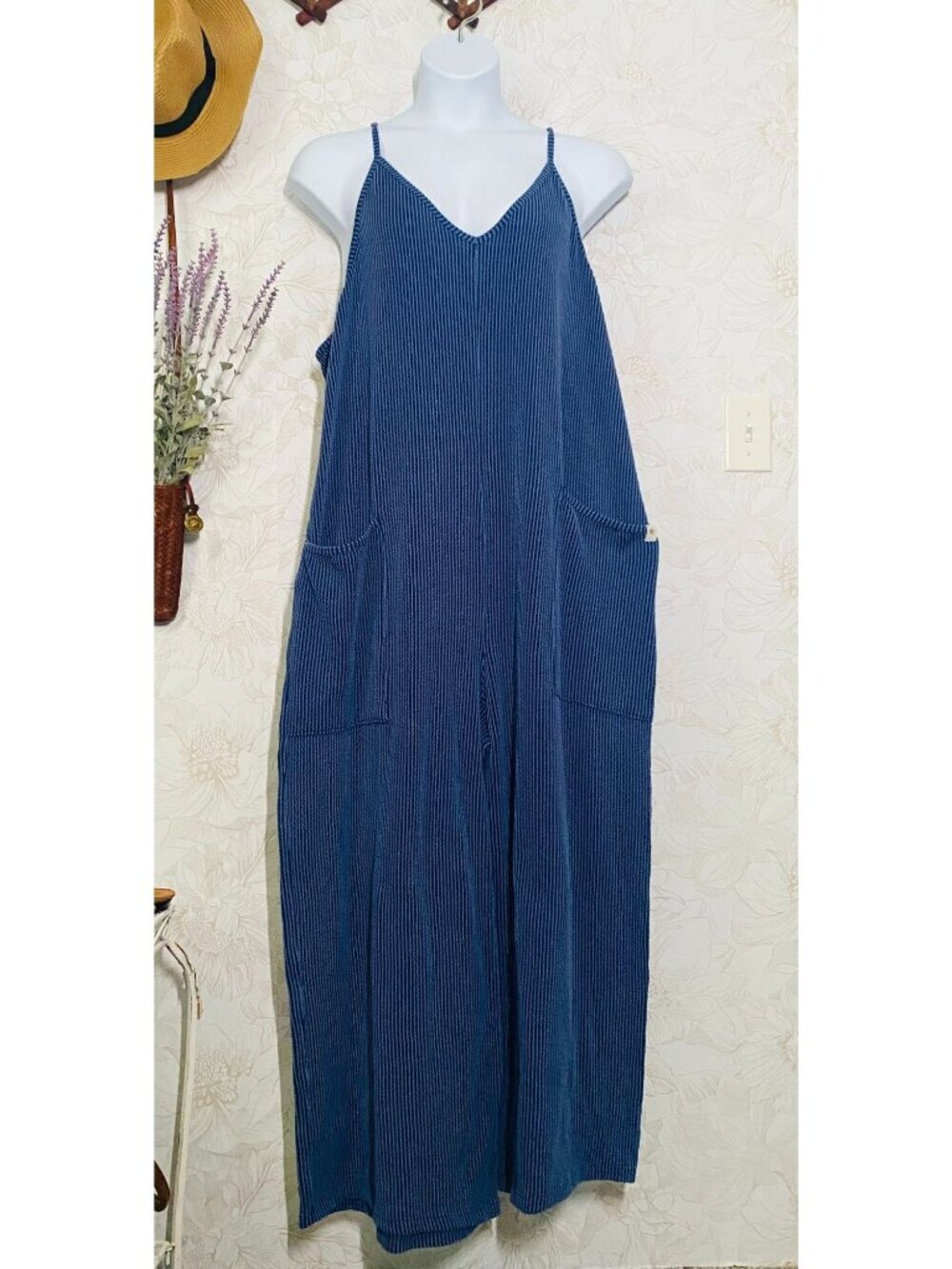 Simply Southern Womens Striped Blue Sleeveless Jumpsuit XXL Adjustable Straps &